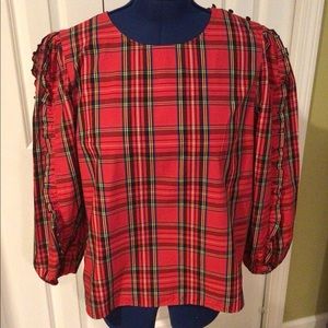 Festive J. Crew blouse. Comfortable cotton, ruffle on sleeves.